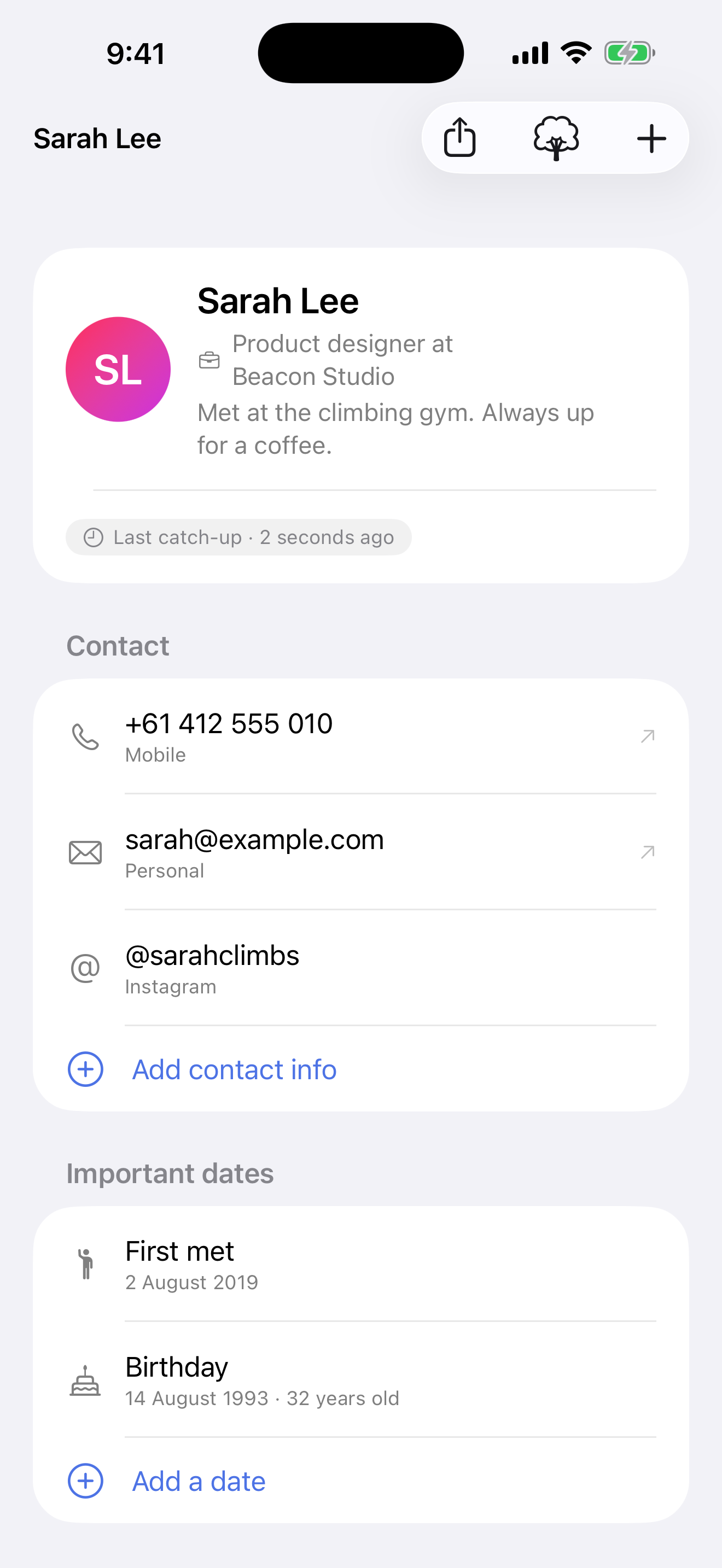 Orbari app screen showing Sarah Lee's profile, contact details, and important dates.