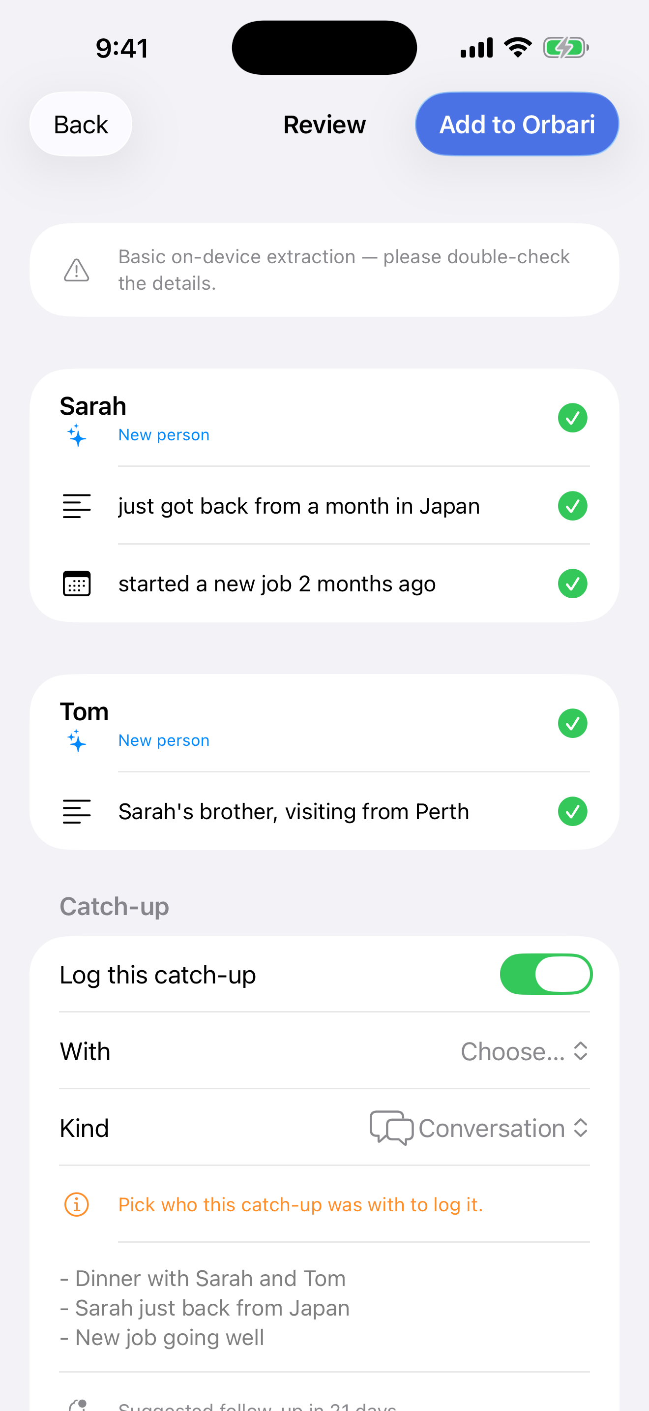 Orbari app review screen showing on-device extracted details before adding them to Orbari.