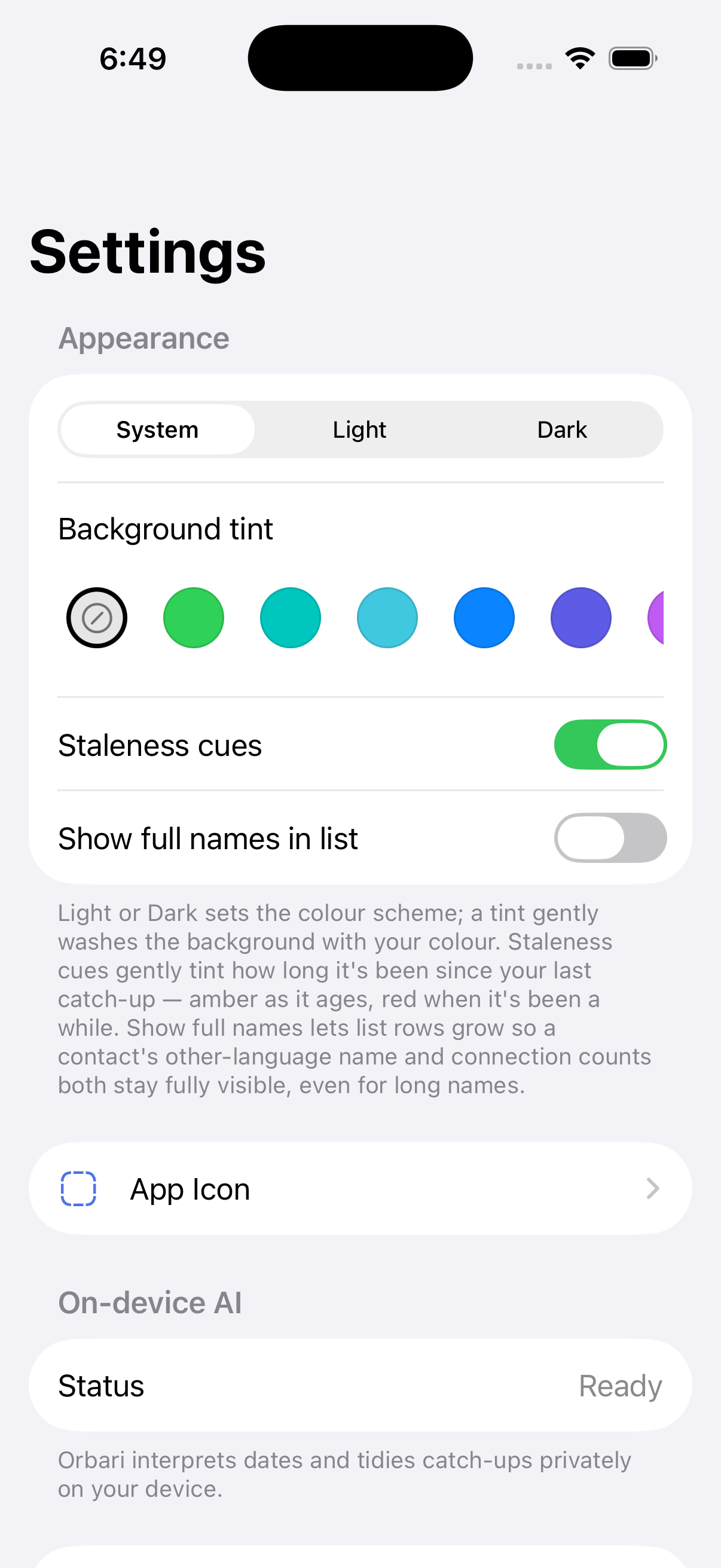 Orbari app settings screen showing the staleness cues setting.