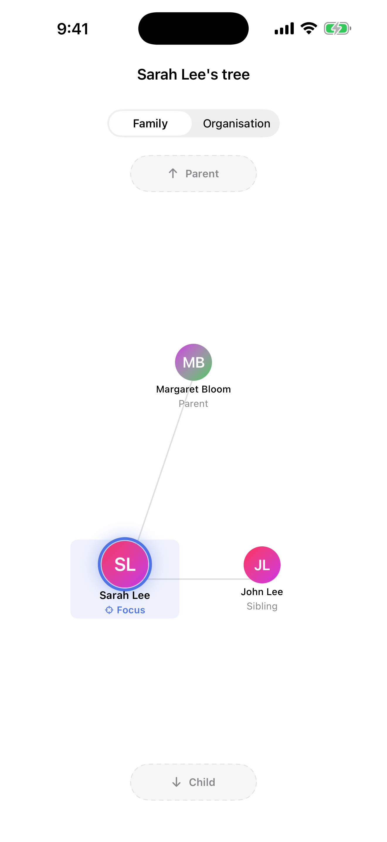 Orbari app screen showing Sarah Lee's family tree with parent and sibling relationships.